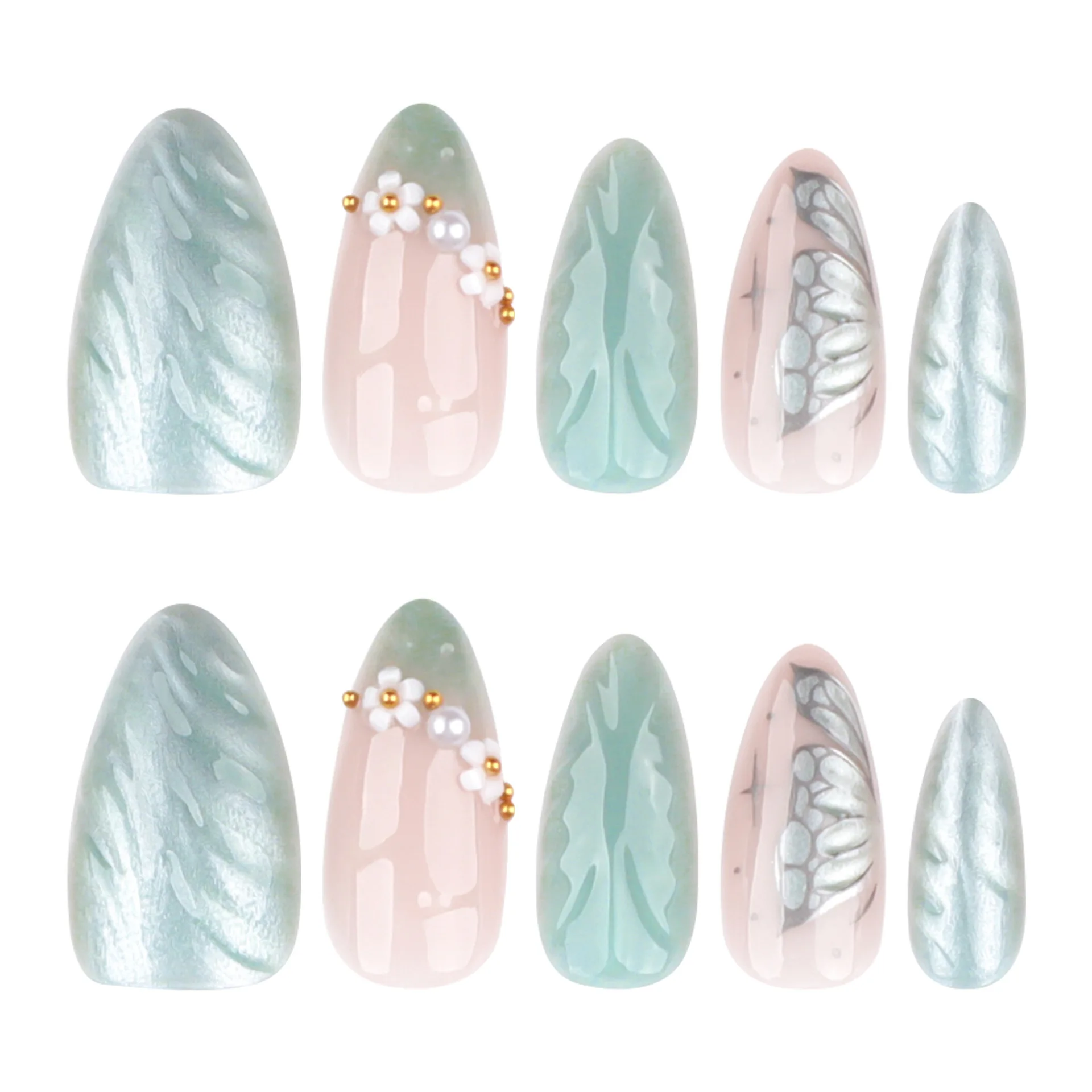 Faux ongles en amande verte fraîche, 24 pièces, avec motif floral 3D, à pression, pour filles, portant des patchs européens détachables