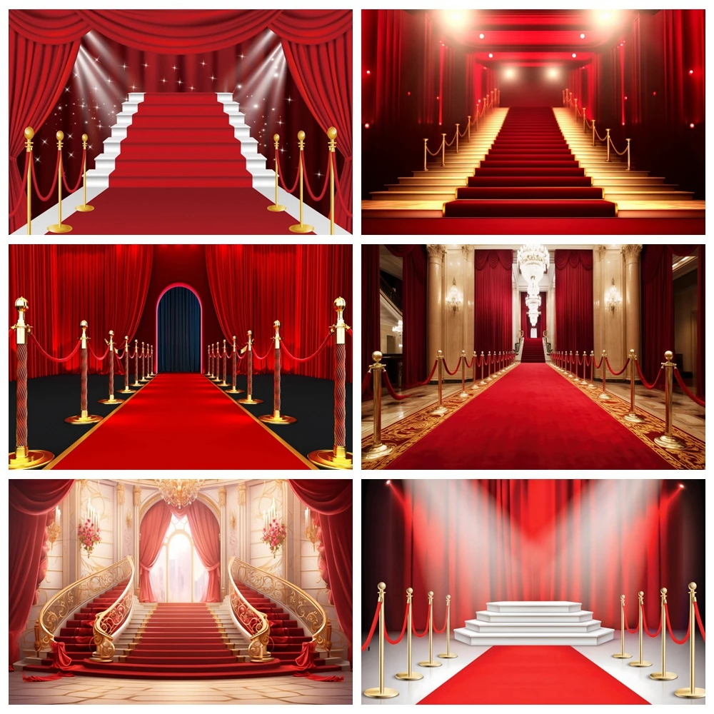 Red Stage Backdrop Carpet Stairway Spotlight Birthday Party Wedding Celebration Portrait Photography Background Photo Studio