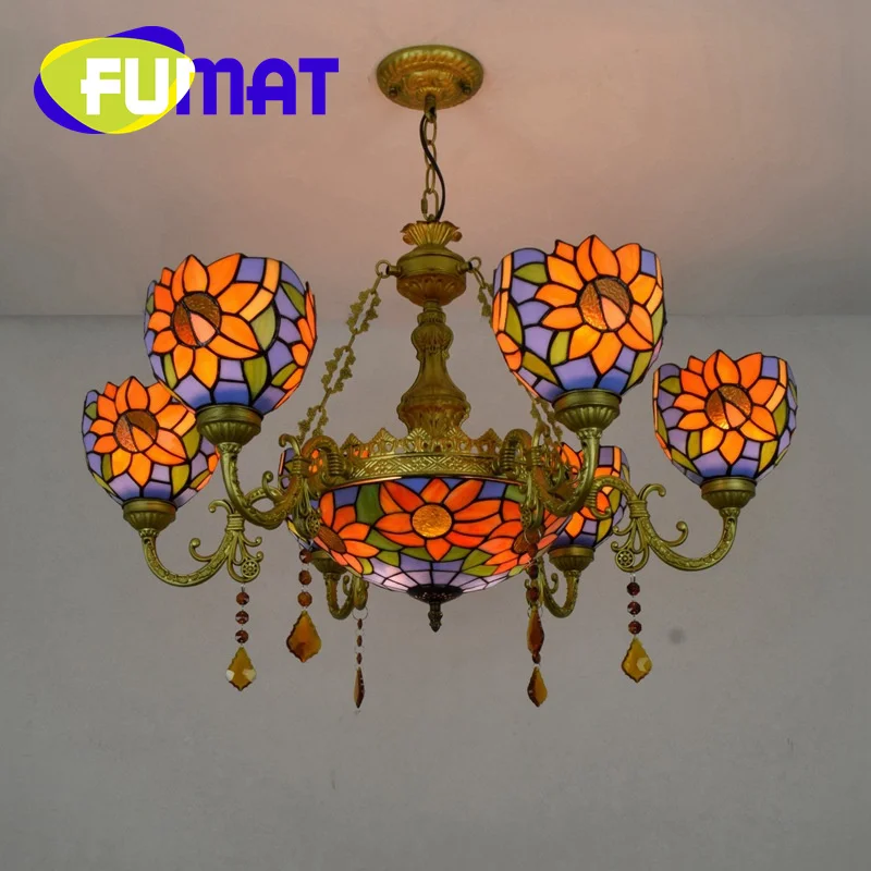 

FUMAT Tiffany style stained glass Mediterranean blue sunflower multi-head chandelier Living Room Restaurant Bar Hotel LED decor