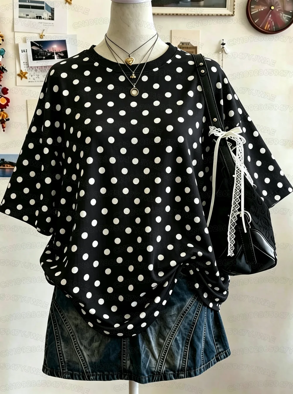 Sommer Y2K Polka Dot Print Lässiges Oversized Rundhals Drop-Shoulder Damen Kurzarm T-Shirt Street Casual Sport-Top – Detail 5