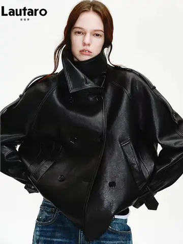 Lautaro Spring Autumn Cool Handsome Oversized Black Pu Leather Jackets for Women Double Breasted Luxury Designer Clothes Fashion
