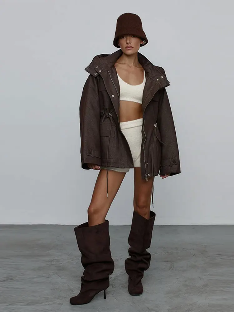Kapuzenjacke mit Mehreren Taschen und Kordelzug für Damen, Streetwear-Stil mit Stehkragen, Epauletten, Langen Ärmeln, Locker Geschnittene Mäntel, Schicke Damen-Oberbekleidung – Detail 27