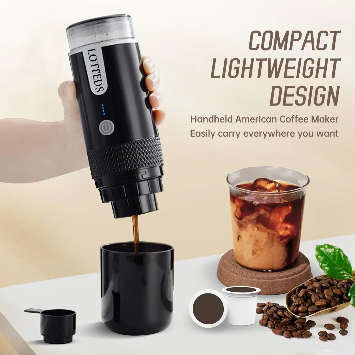 ماكينة صنع القهوة الأمريكية المحمولة، ماكينة صنع القهوة الكهربائية للسفر غير قابلة للتدفئة متوافقة مع كبسولات كوب K والقهوة المطحونة مع U