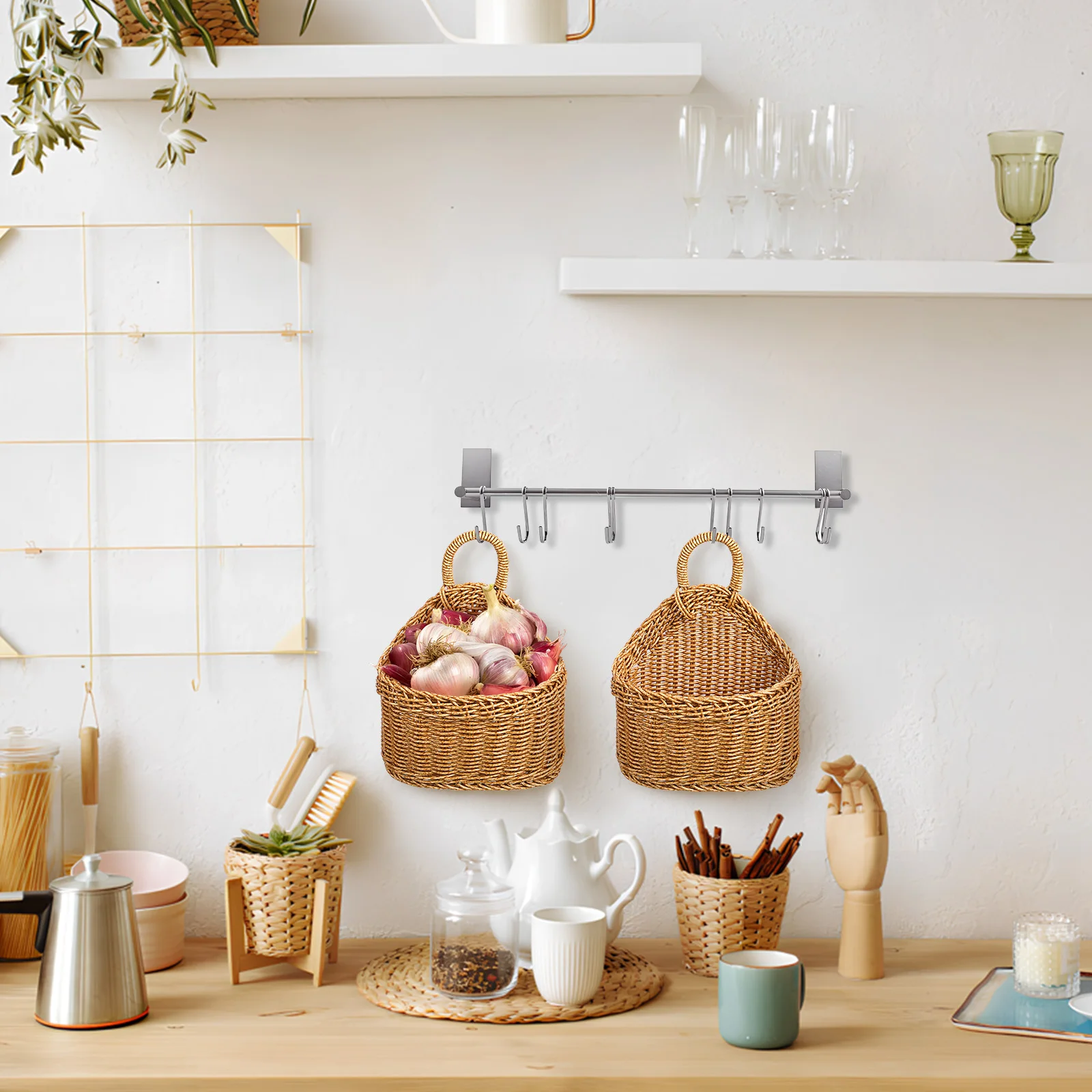 

Woven Storage Basket Kitchen Hanging Organizer Large Capacity Plastic Brown Vegetable Fruit Basket Easy Match