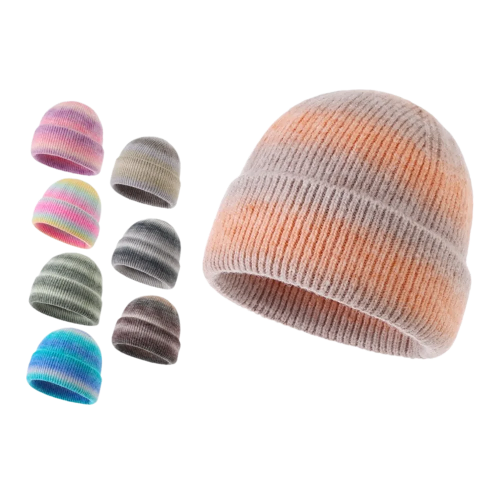 Trendy Gradient Color Knitted Beanie Hat Thickened Cold Proof Warm Winter Cap Windproof Pullover Hat Autumn Winter