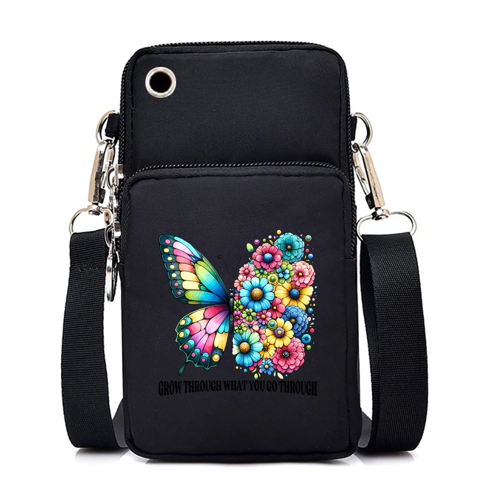 Skull Skeleton Mobile Phone Bag Women Sunflower Butterfly Messenger Bag Hanging Neck Zipper Handbag Fashion Mini Crossbody Bag