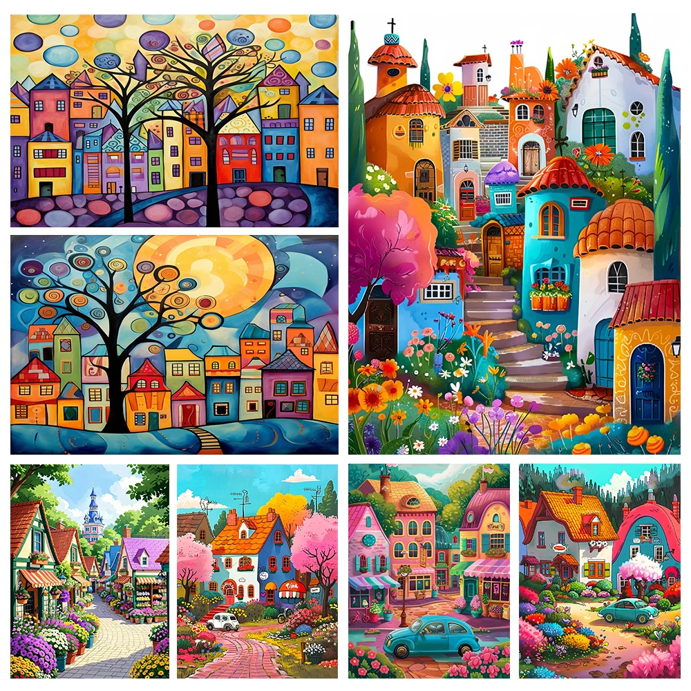 Cartoon Fairy Tale World Colorful Castle Town Scenery Diamond Painting 5D DIY Diamond Mosaic Embroidery Art Home Decoration