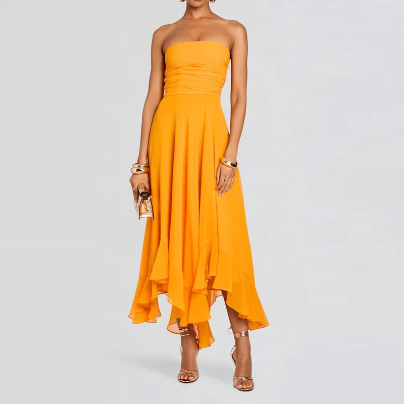 

Sexy Strapless Backless Dress Elegant Solid Sleeveless High Waisted Club Party Dress Chic Irregular Off Shoulder A-line Dress