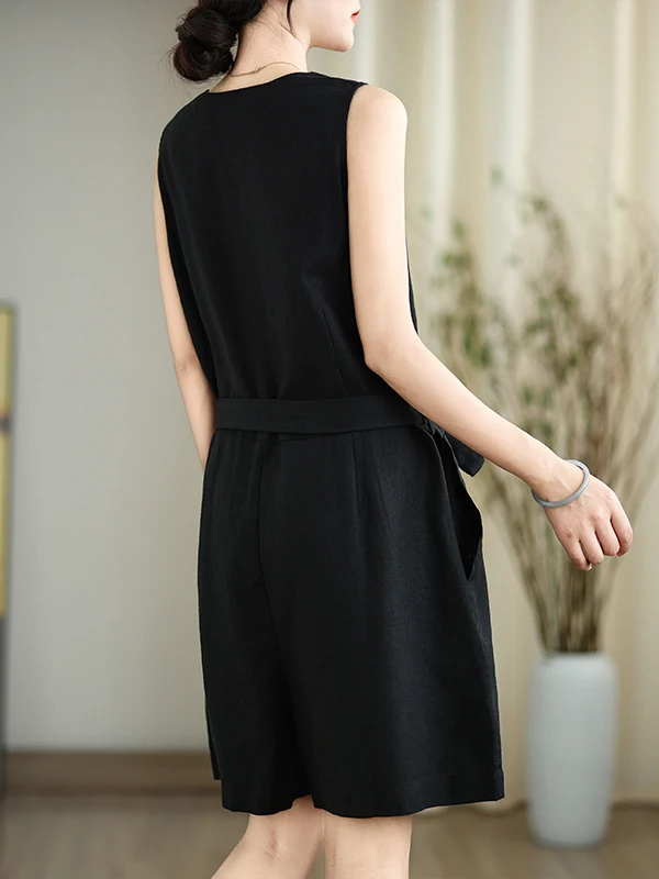 Artistic Pure Color Simple Belted Waistl Svel Jumpsuit Large Size Women's Cotton Linen Casual Wide Leg orts Summer