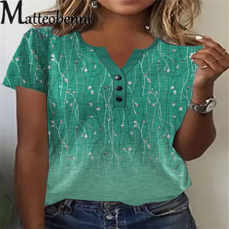 Elegant Print V Neck Button Splicing T-Shirt Women Summer Knitted Tops Female 2023 Fashion Street Style Casual Comfortable Tees