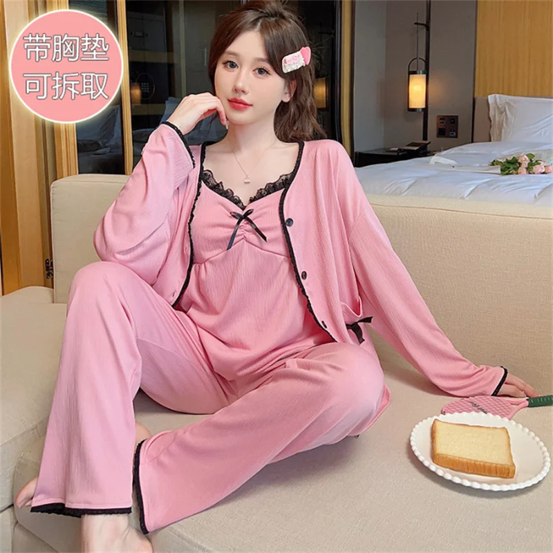 Spring Autumn Women Night Wears 3 Pieces Set Long Sleeved Pants Sleepwear Sweet Cute Cotton Loose  Home Clothes