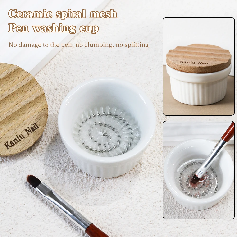 Limpador de pincéis de cerâmica KANIU Smooth Elegant com escova de cerdas rígidas integrada, um copo portátil para cuidados com as unhas, projetado para uso em salões de beleza.