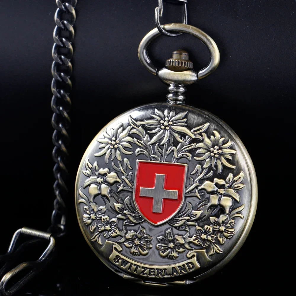 

Retro Mechanical Pocket Watch Red Cross Hand-winding brown Edelweiss Sculpture Hollow Vintage Skeleton Watches Men FOB Chain