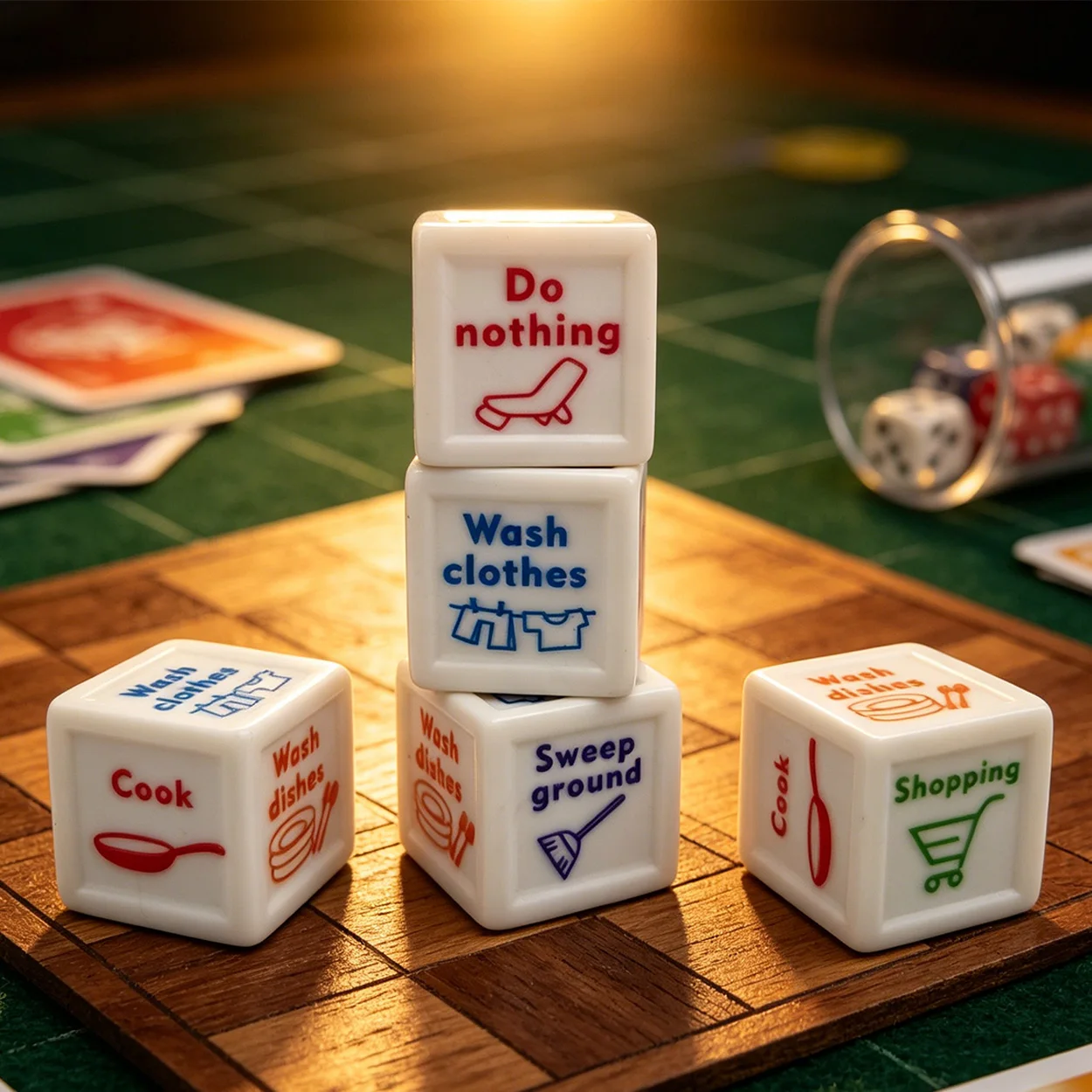 Juego de 5 dados para tareas domésticas, que abarcan tareas diarias como lavar la ropa, barrer, lavar la vajilla, cocinar, ir de compras, y incluye una opción de "no hacer nada", adecuado para diversas situaciones de vida como parejas que conviven juntos,