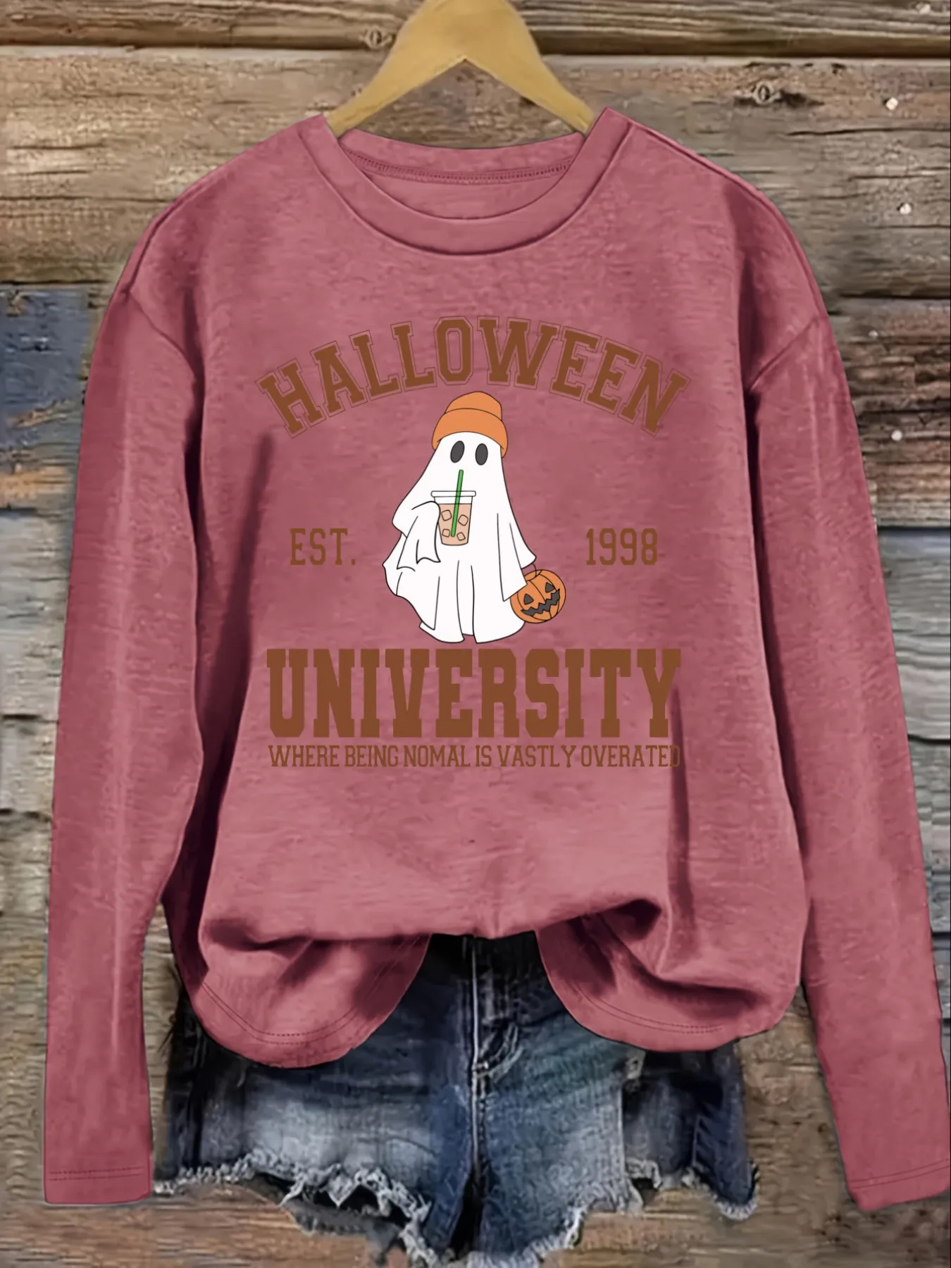 Women's Casual Long Sleeve Crew Neck T-Shirt Halloween University Ghost Print Design, Round Neck Women's Clothing, Machine Washable, Slightly Elastic, Loose Fit, Spring Autumn Winter Women's T-Shirt, Halloween Costume Outfit view 3