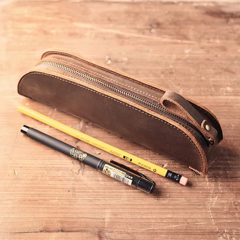 

Vintage Handmade Leather Zipper Pencil Case Student Stationery Holder Pen Pouch Bag For Office Glasses Box School Supplies