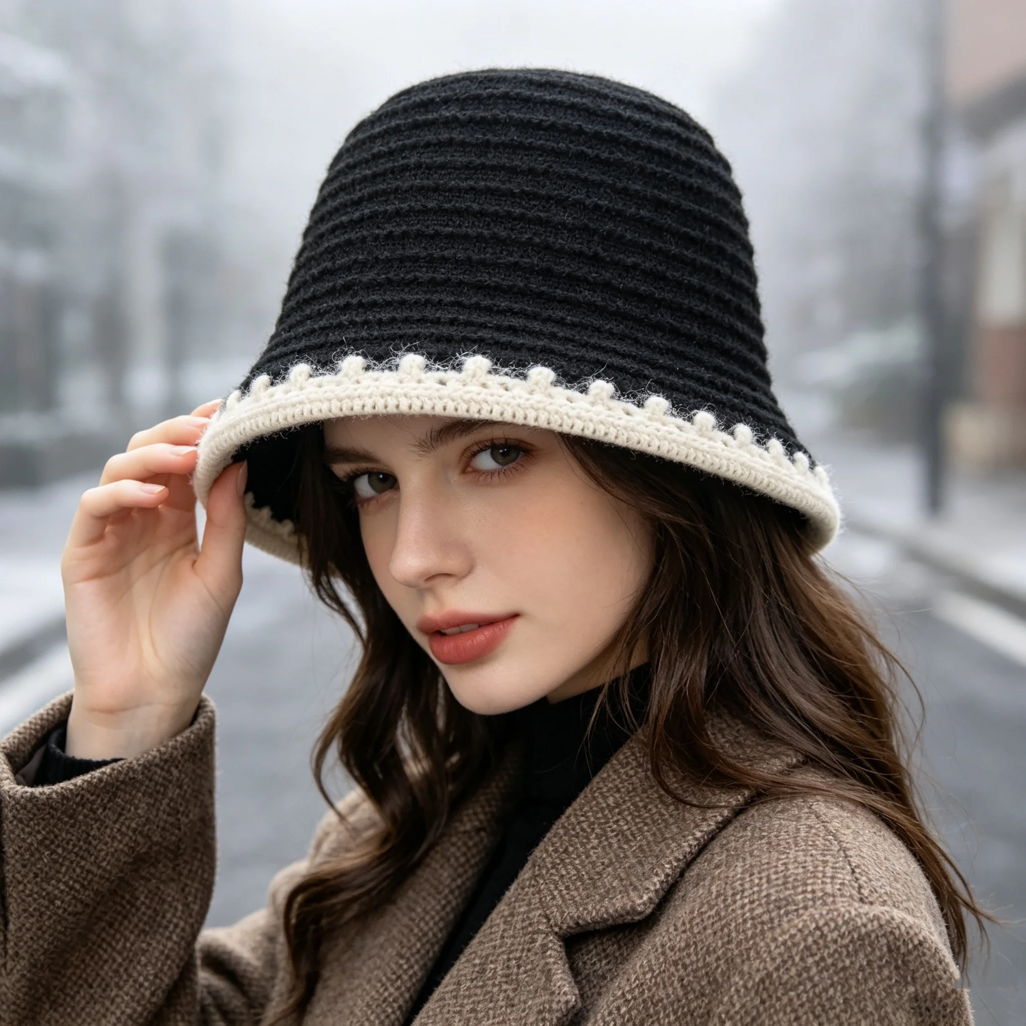 Women's Winter Striped Knit Bucket Hat with Delicate Crochet Trim, Soft and Fuzzy, Warm Fisherman Hat for Outdoor Cold Protection