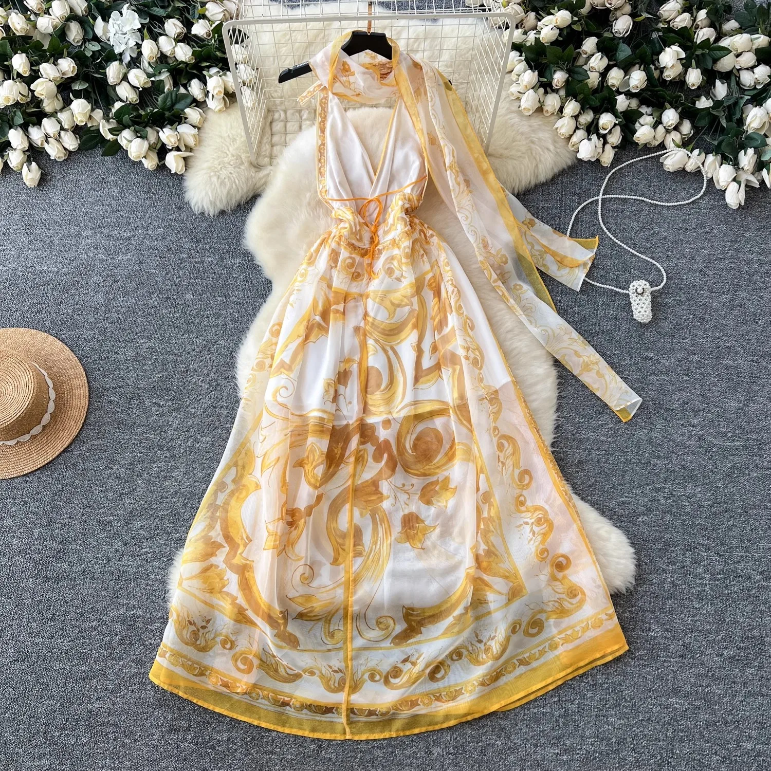 Summer Holiday Flower Light Chiffon Flowy Dress Women's Sexy V-Neck Halter Sleeveless Blue And White Porcelain Print Long Dress