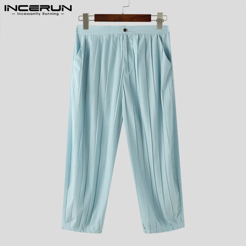 Men Pants Solid Color Button Joggers Loose Pleated Streetwear Casual Straight Trousers Men 2024 Fashion Long Pants S-5XL INCERUN