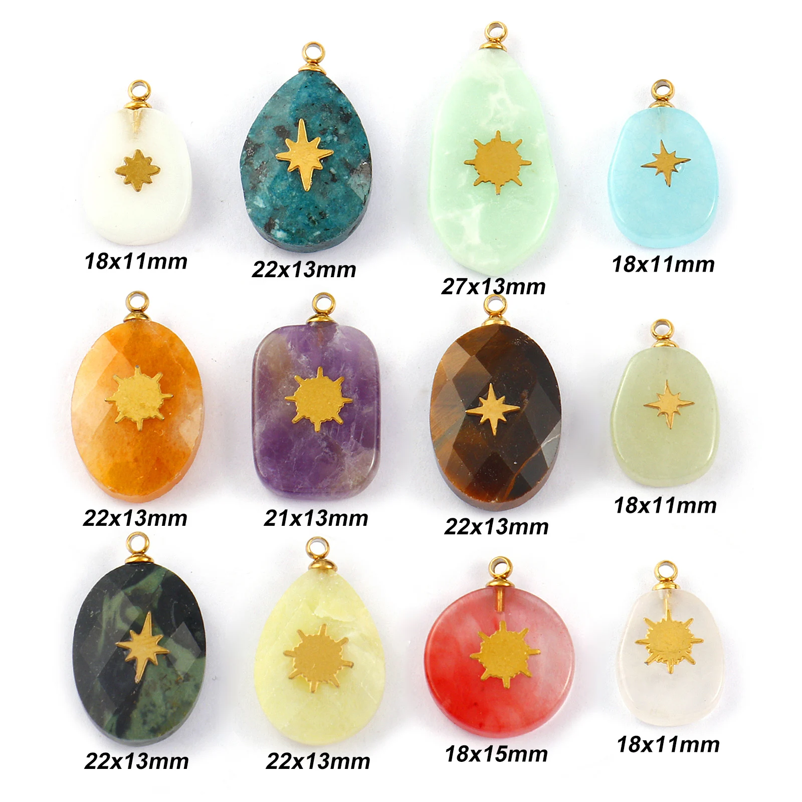 1 Piece 304 Stainless Steel & Geometric Natural Stone Charms Gold Plated Oval Round Drop Star Sun Patch Pendant For DIY Necklace