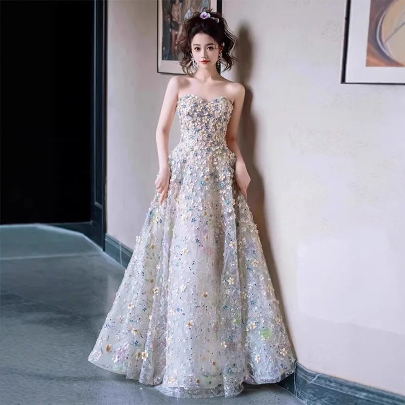 Verão feminino novo high end floral vestido de noite moda emagrecimento banquete anfitrião sen série cerimônia adulta vestido de exame de arte vocal