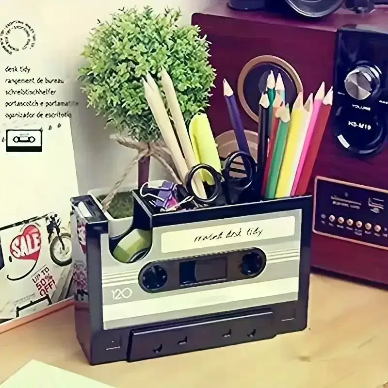 2 In 1 Multifunctional Pen Holder Creative Office Desk Stationery Organizer Retro Cassette Tape Dispenser Pen Holder Gift