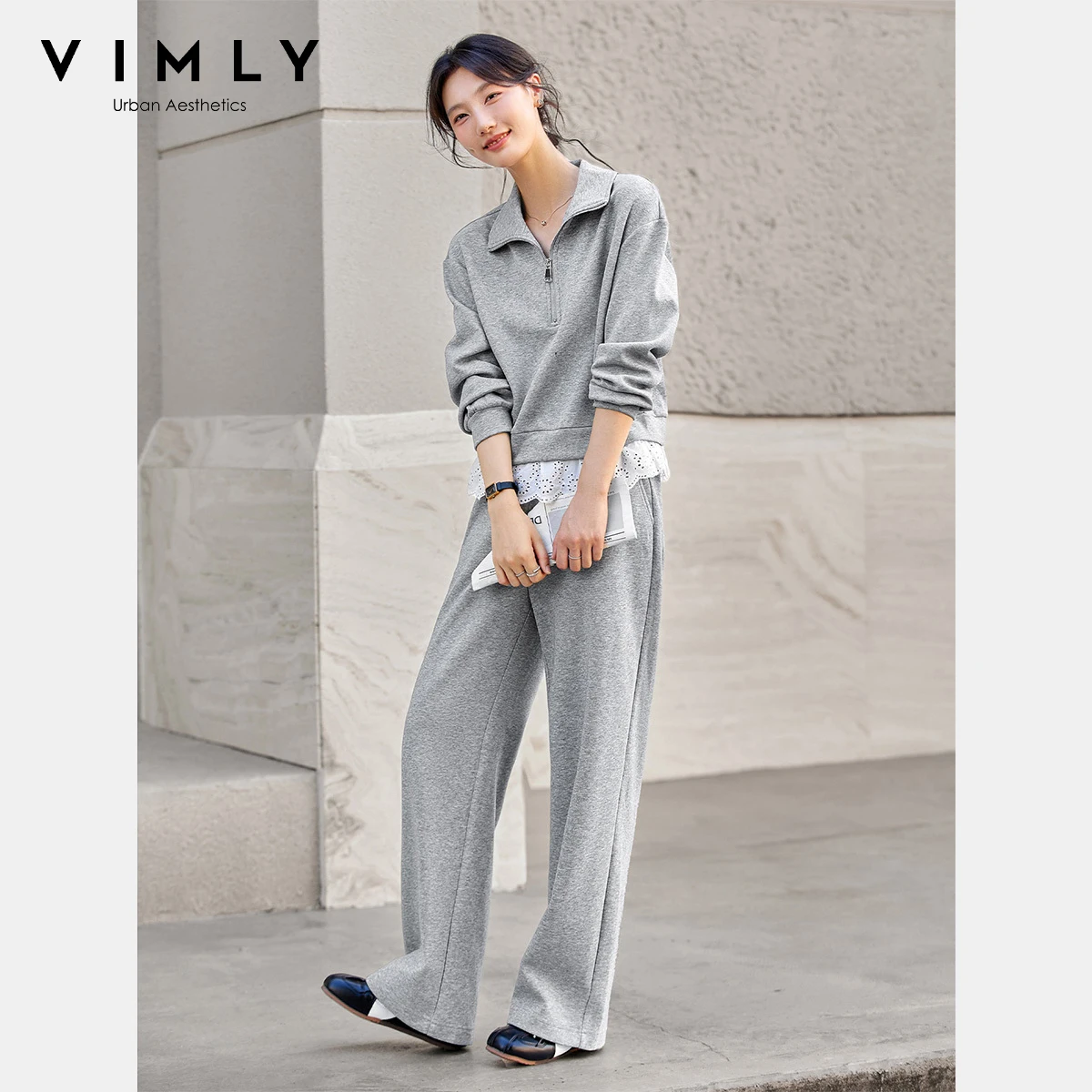 

VIMLY Pants Sets Woman 2 Piece Grey Sporty Turn-down Spliced Lace Hem Tops Casual Wide Legs Long Pants Ladies Trouser Sets A2063