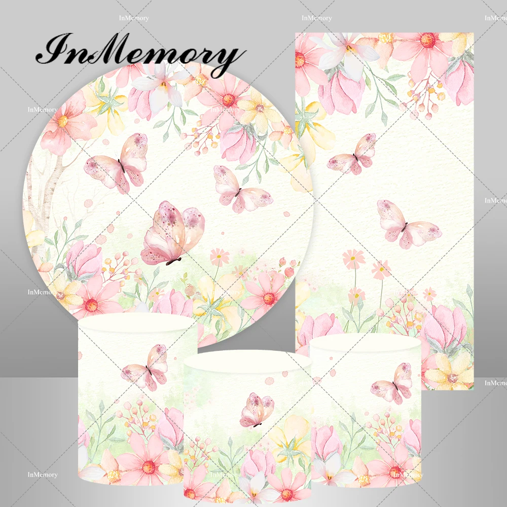 

Girls Butterfly Theme Circle Round Backdrop Cover Pink Floral Baby Shower Photography Backgrounds Rectangle Banner