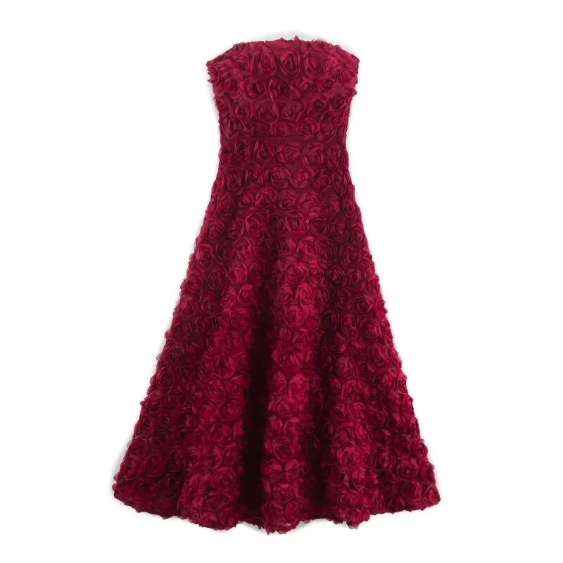 Women's Strapless Burgundy 3D Floral Midi Dress - Spring Fashion Party Dress, Perfect for Valentine's Day Dinner