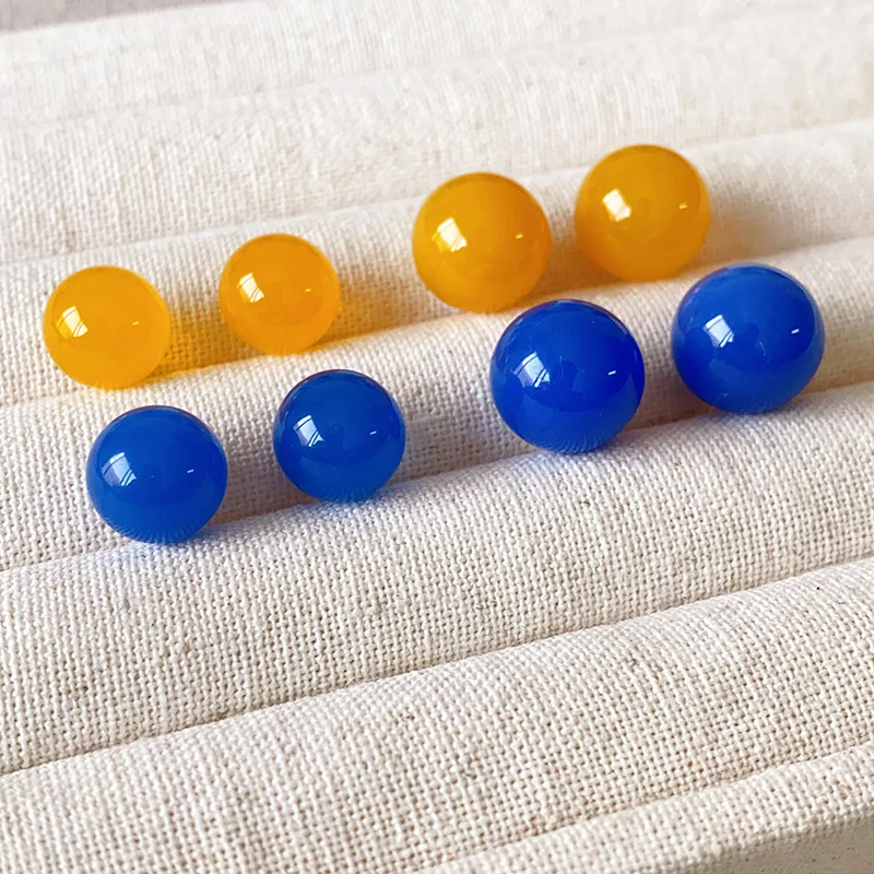 

New Year Autumn Winter Fashion High-end 10mm Yellow Agate 12mm Blue Agate Round Bead Commuting Versatile Stud Earrings for Women