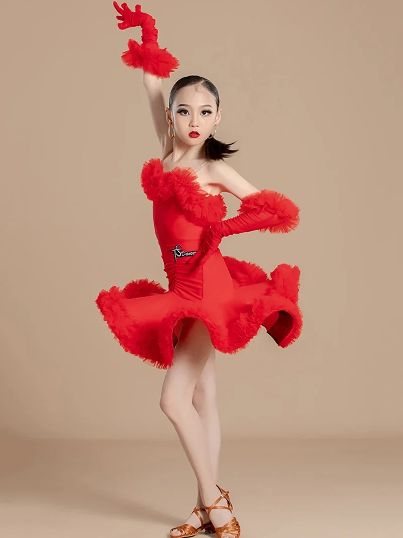 Traje de baile latino de rendimiento estándar nacional de competición para niñas, mono de gasa con tirantes finos y faldas oscilantes