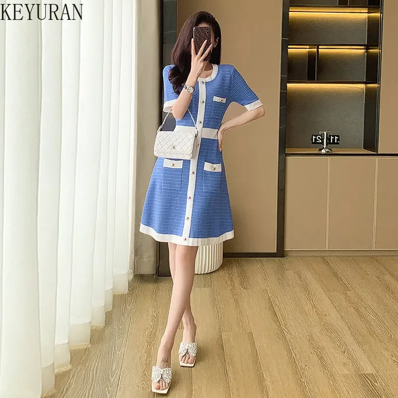 2024 summer knitted Dress Women New Sexy Elegant Vestidos nero/blu manica corta moda coreana abiti da lavoro a maglia abbigliamento donna