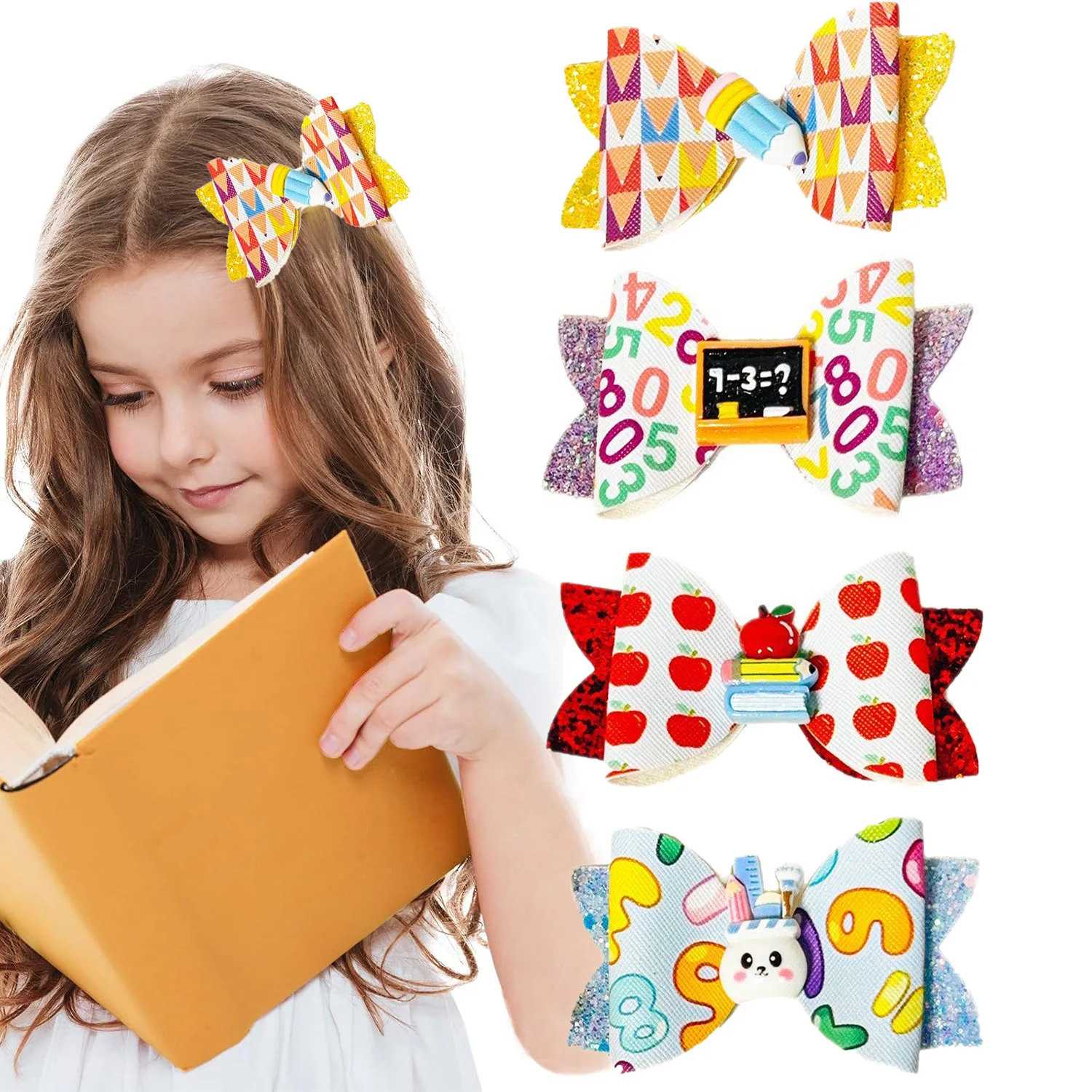 

40 шт./лот, 3,5-дюймовые детские заколки для волос из синтетической кожи с бантом для девочек, аксессуары для волос для школы