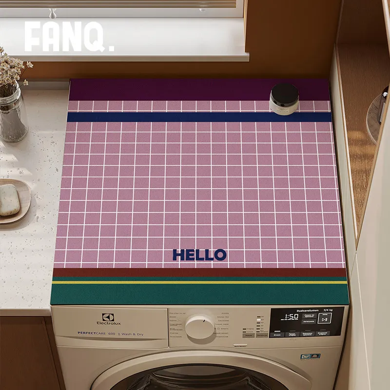 VIKAMA Ins Korean Color-Blocking Checkered Washing Machine Cover Pad, Anti-Slip Drum Washing Machine Dust Pad, Home Decoration