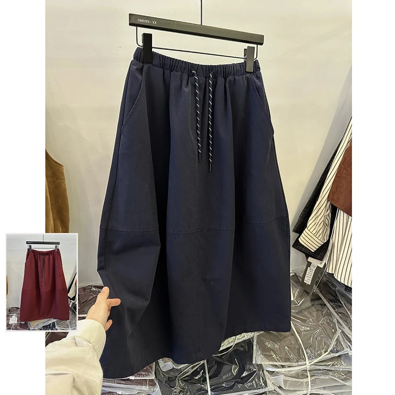 

Spring New Sle Artistic Color A-Line Midi Skirt plus Size Women's Dstring High Waist Slimming Cotton Skirts
