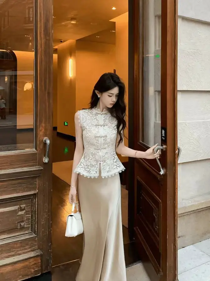 

Новый летний комплект в китайском стиле класса люкс: женский кружевной топ без рукавов с вышивкой и вырезом O-образной формы + атласная юбка-русалка