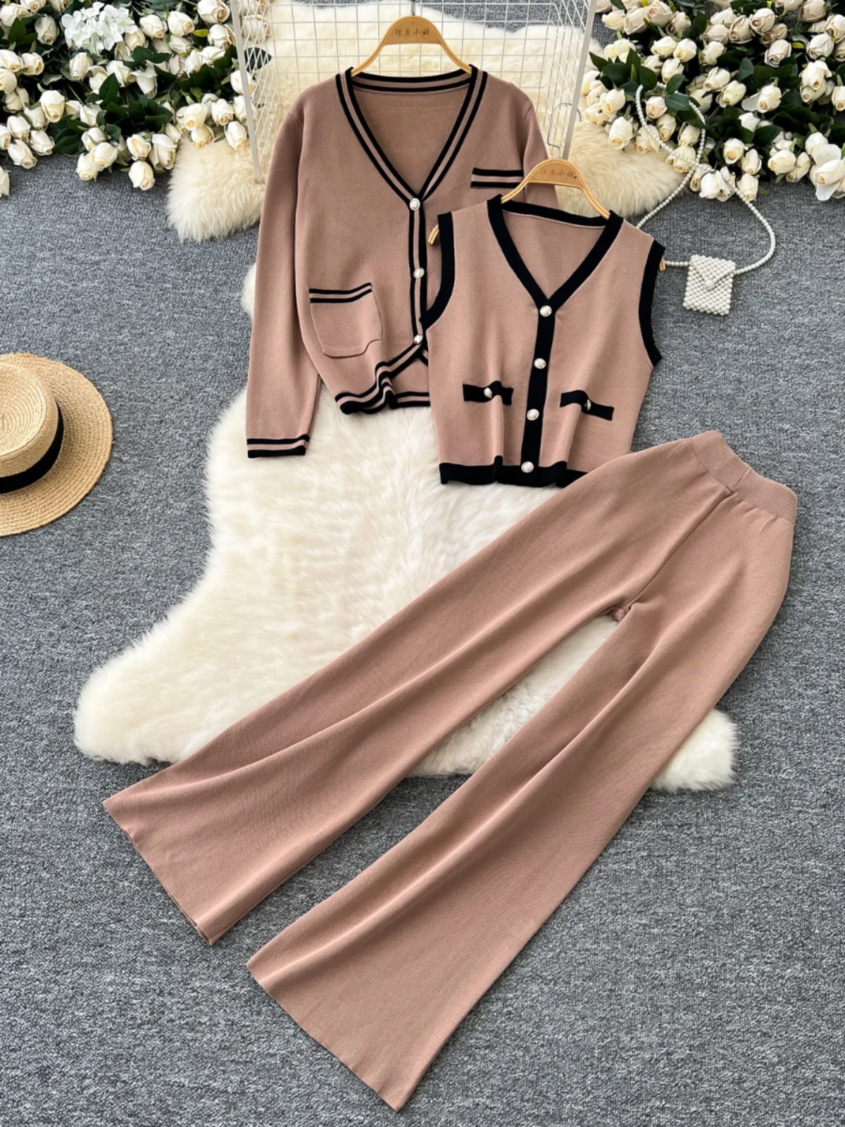 Gagaok Casual 3 Piece Set Women Retro Contrasting V Neck Sleeveless Vest+long Sleeved Knitted Cardigan Jacket+wide Leg Pants