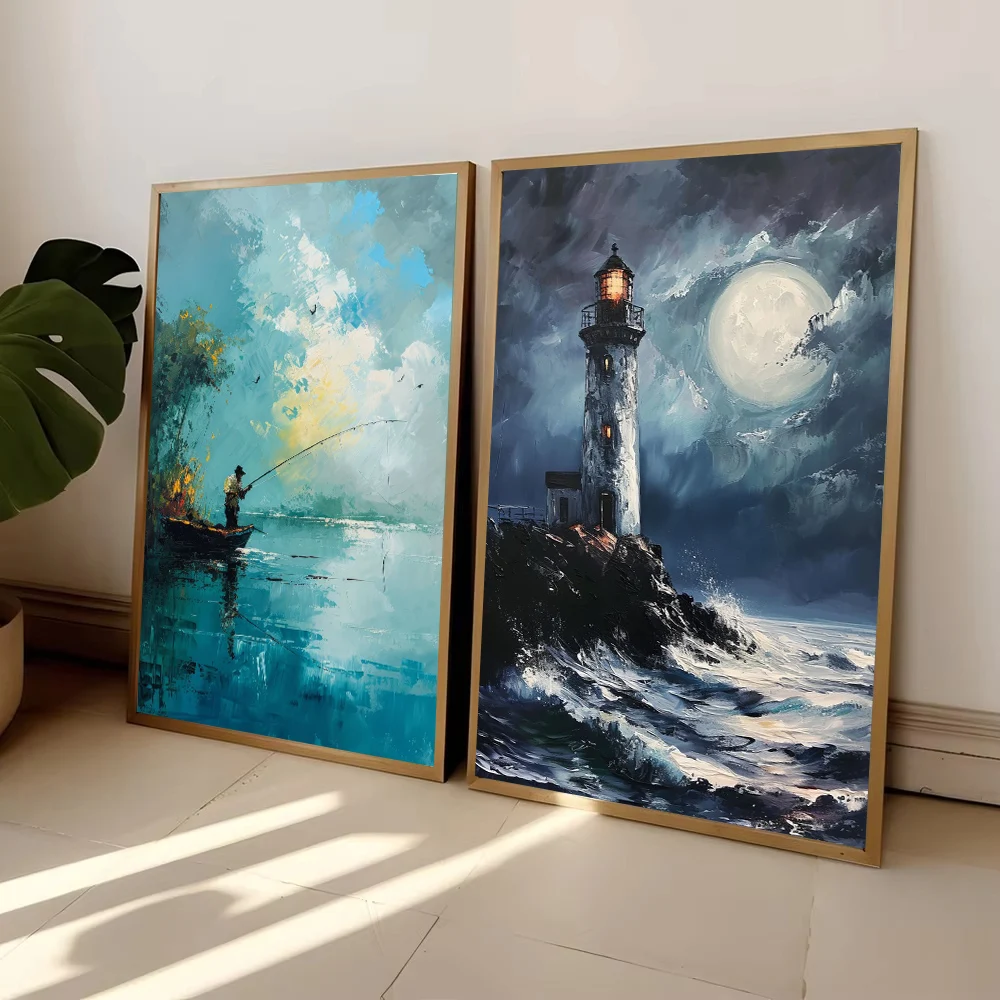 Sea Beach Poster Ocean Ship Boat Wave Lighthouse Girl Surfing Canvas Painting Palm Tree Print Wall Art Picture Living Room Decor
