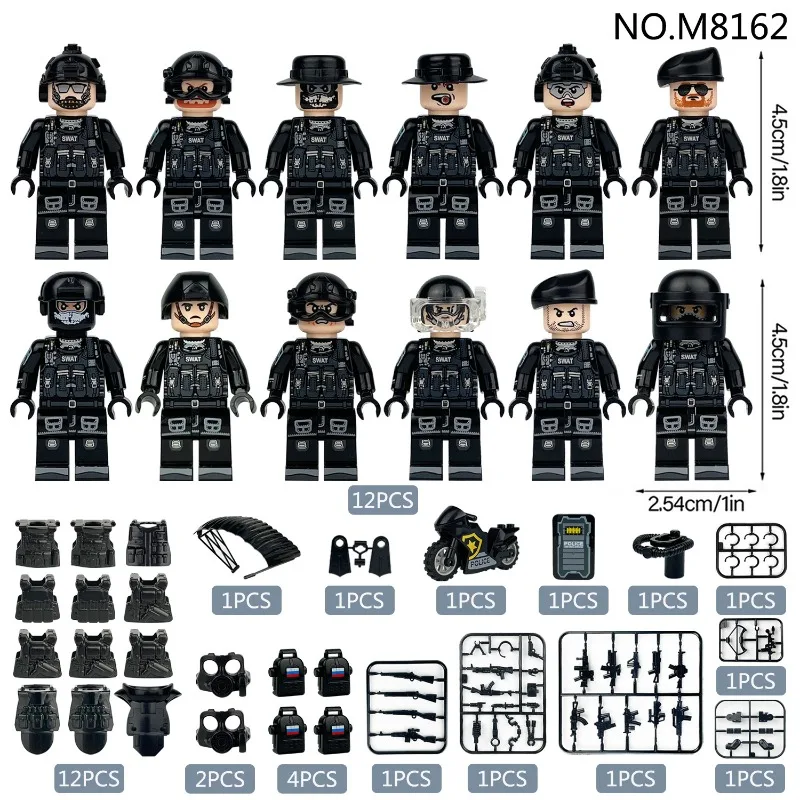 M8162 ロシア特殊警察ミニチュアバイク、パラシュート付き警察犬武器アクセサリー、子供向けおもちゃビルディングブロック