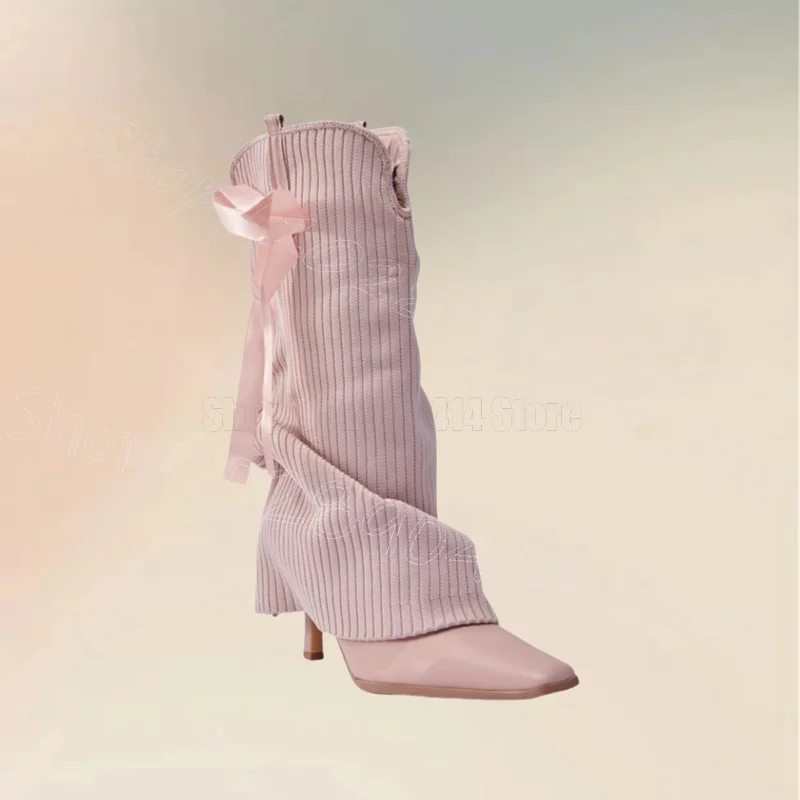 Botas de punto de lana rosa con lazo y punta estrecha, Zapatos sin cordones Para Mujer, tacones finos, fiesta, citas, 2025
