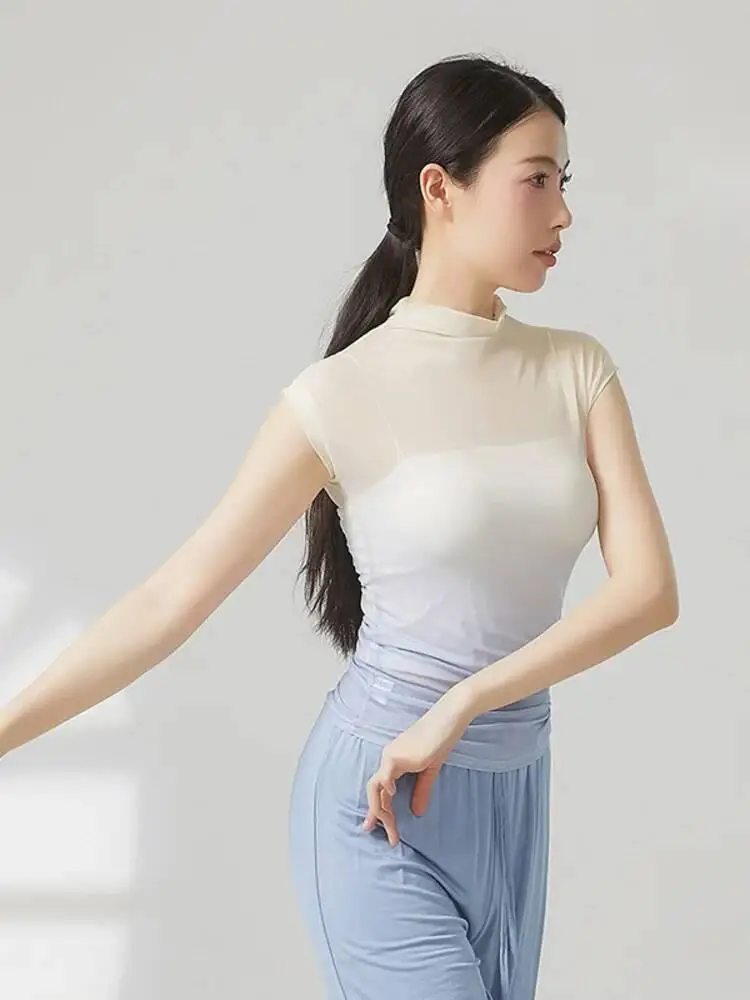 Manga curta gradiente malha dança topo gola alta ver através blusa para mulheres jazz contemporâneo palco prática roupas