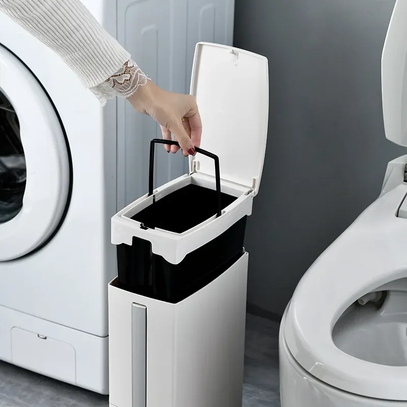Narrow Bathroom Gap Trash Can with Toilet Brush Holder Elastic Lid Press Type Double Barrel Storage Bin for Home
