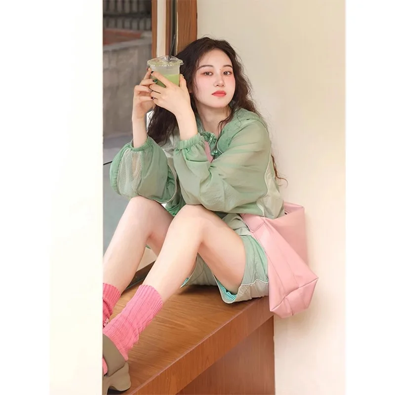 Small Cute Youth-Looking Casual Sports Women's Summer Green Sun Protection Top Shorts Two-Piece Suit Fashion