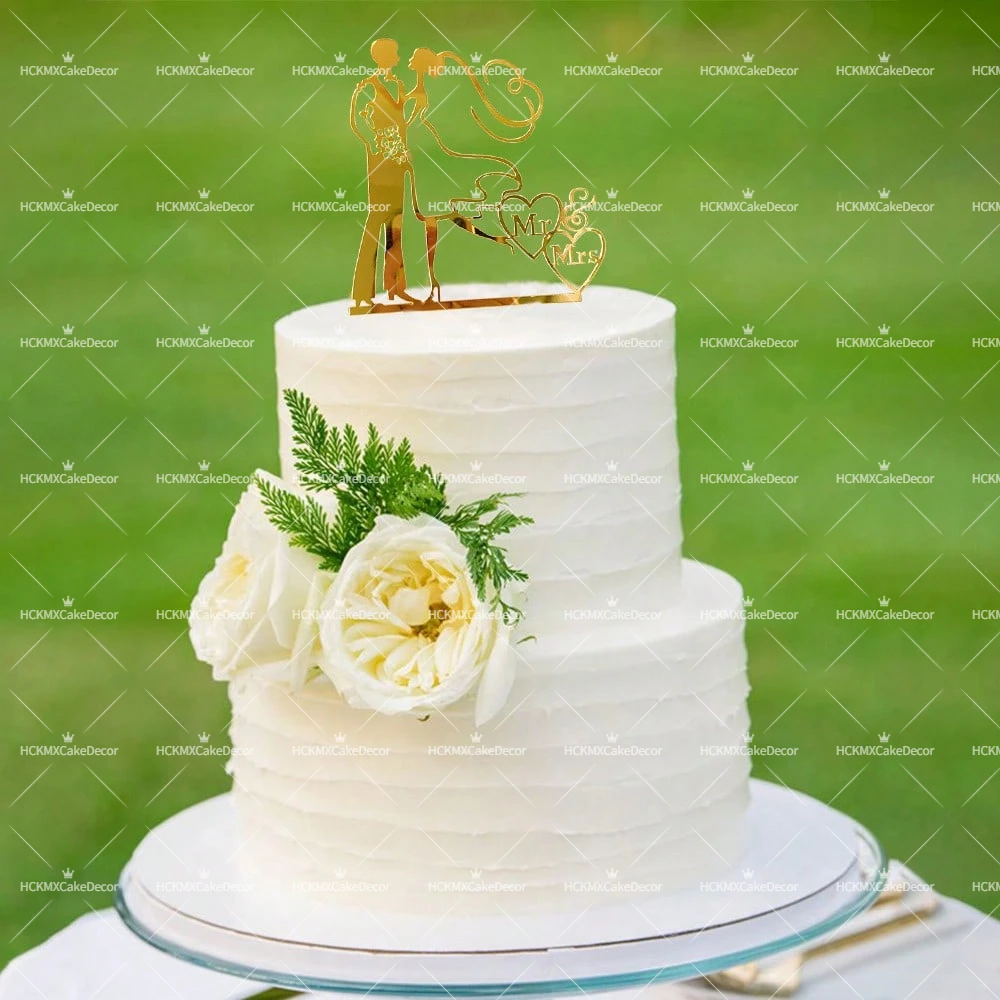 3er/6er-Set Mr & Mrs Hochzeitstorten-Topper aus Gold-Acryl, Braut-und-Bräutigam-Silhouetten, Tortendekoration für Hochzeit, Jubiläum und Partyzubehör – Detail 2