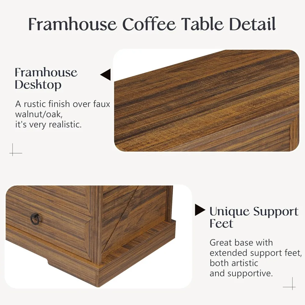 Coffee Table with Storage, 47.2 in Rustic Wooden Center Table with 4 Drawers for Living Room, Easy Assembly Rectangle Home Offic