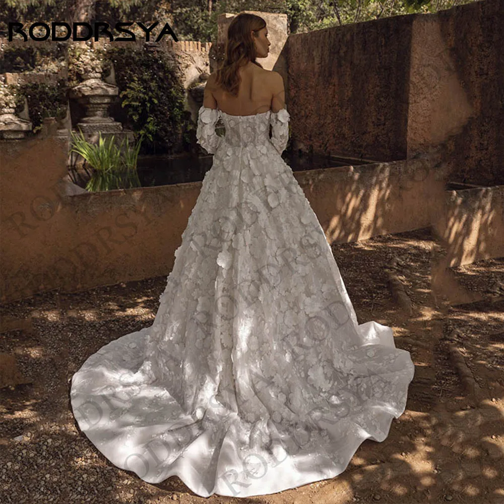 Roddrsya Robe de Mariée Brautkleider für Frau Luxus eine Linie träger lose abnehmbare Ärmel 3d Blumen Brautkleid rücken frei Tüll Robe De Mariée Brautkleider für Frauen  Luxus A Line Trägerlos Abnehmbare Ärmel  3D Flor