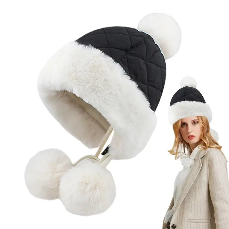 Peruvian Beanie Cute Plush Pompom Hat With Earflap Stylish Pullover Hat For Women Girls Daily Beanies For Cold Weather