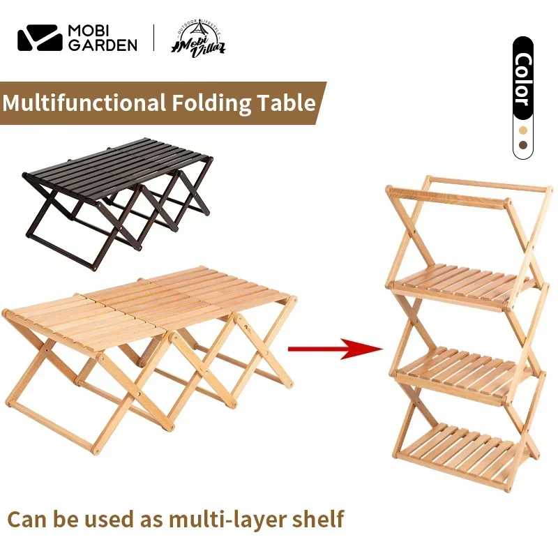 MOBI GARDEN Camping Folding Table Shelf Multifunctional Multi-Layer Storage Rack Solid Wood Picnic Table Bearing 30kg Outdoor