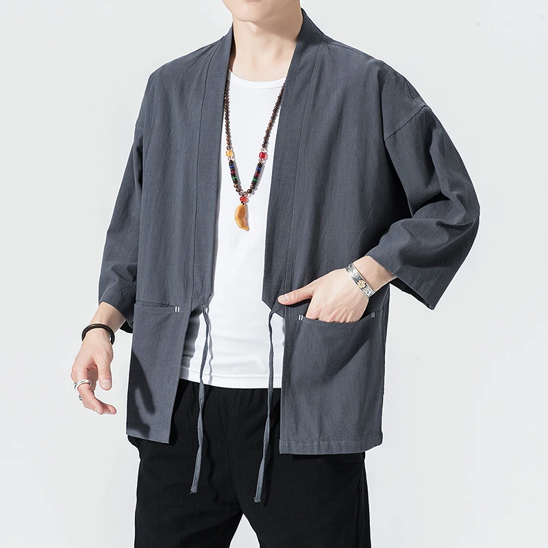 Men's Japanese Kimono Cardigan Loose Cotton Linen 3/4 Sleeve Open Front Casual Summer Shirt Jackets Harajuku Streewear Clothes