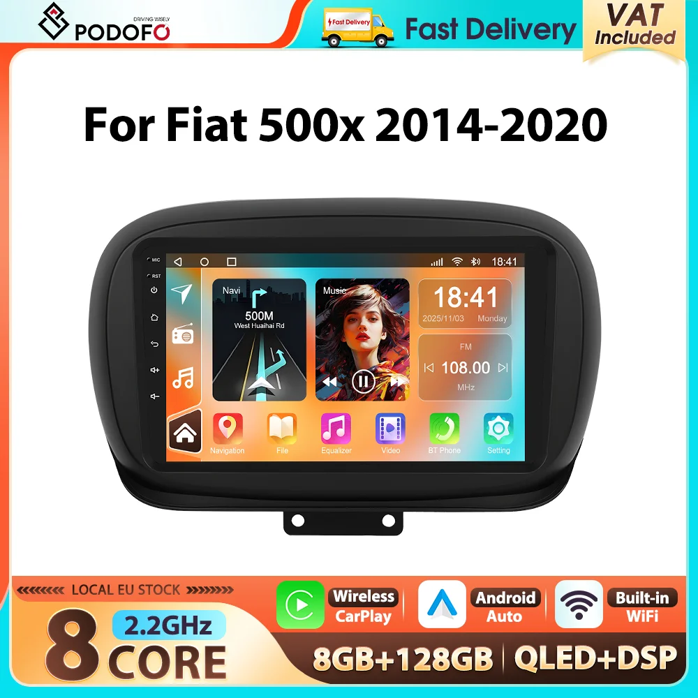 Podofo 9-Zoll 8-Kern 8+128G Autoradio für Fiat 500X 2014-2020 4G WIFI GPS AM FM RDS CarPlay Android Auto Intelligente Fahrzeugsysteme